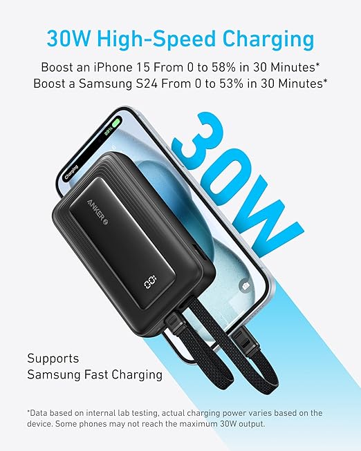Anker Power Bank (10K,30W, Built-In USBC+Lightning Cable)