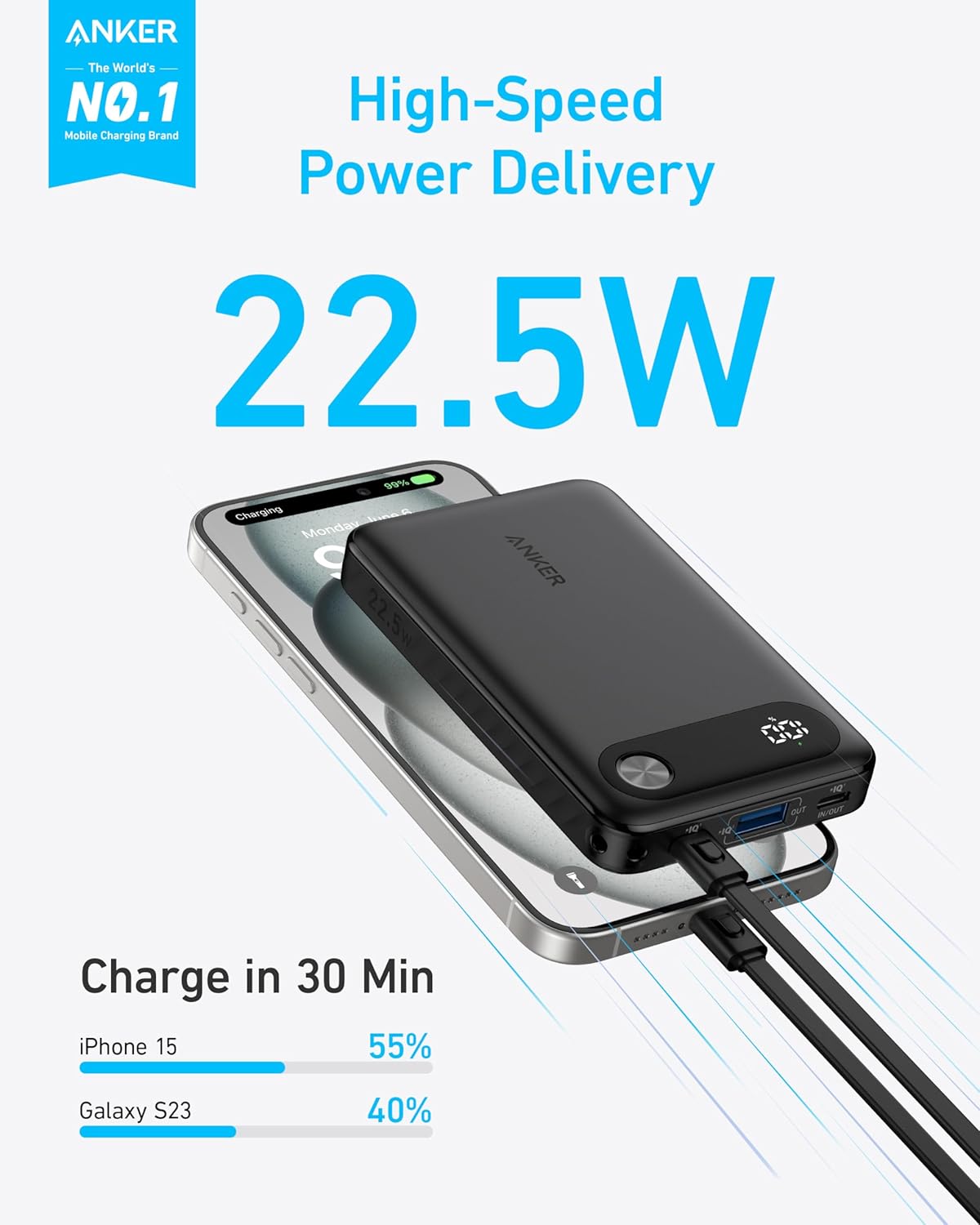 Anker Power Bank (10K, 22.5 , Built-In USB-C Cable)